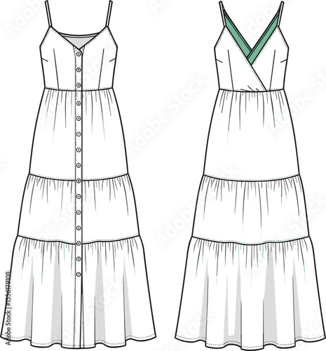 Long summer dress, tiered maxi design, flat fashion sketch, front and back view, CAD drawing vector, garment illustration template