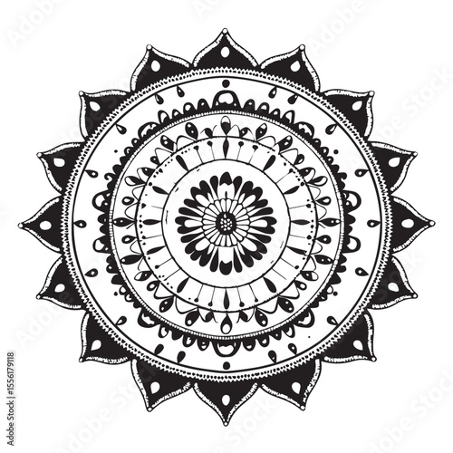 Intricate black and white mandala design with floral elements and geometric patterns on a clean white background