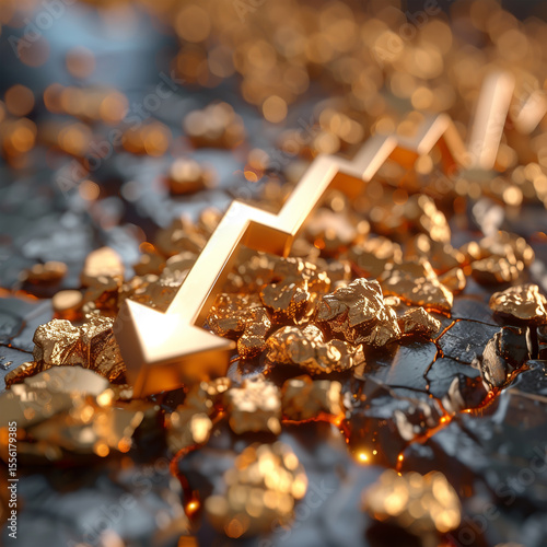 3D champagne gold chart with down arrow, economic crisis concept, elegant render