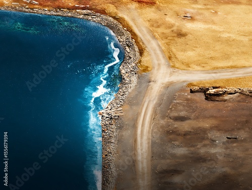 Aerial coastal road blue water junction