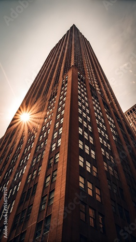A towering urban skyscraper rises towards the bright sky, with the sun creating a brilliant sunburst effect, captured from a striking low angle perspective.