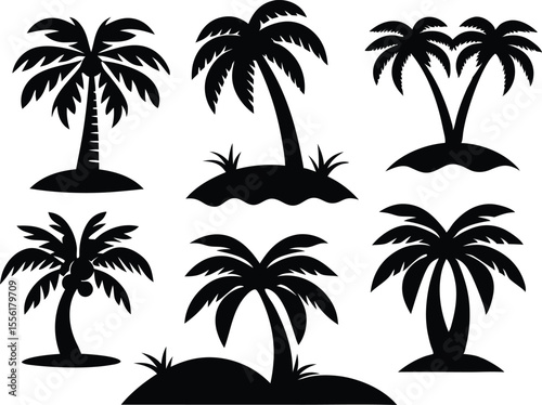 Set of black palm tree silhouettes in various tropical island beach designs