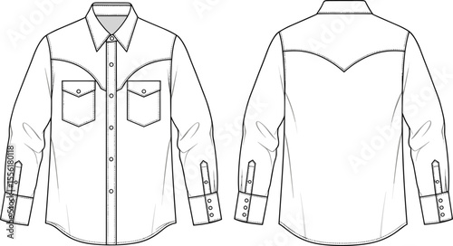 Men’s western style shirt front and back view, button down with yoke and pocket detail, fashion cad flat vector illustration