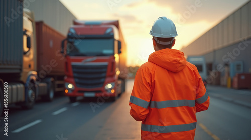 logistics worker in orange high-visibility jacket supervising truck loading at warehouse, industrial area, late afternoon sunlight, professional photo style