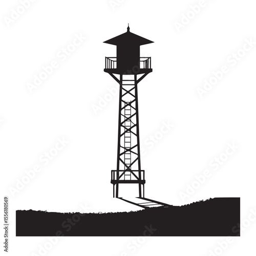 Silhouette of a tall wooden observation tower with a ladder and railing against a white background