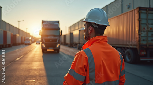 logistics worker in orange high-visibility jacket supervising truck loading at warehouse, industrial area, late afternoon sunlight, professional photo style