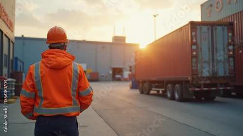 logistics worker in orange high-visibility jacket supervising truck loading at warehouse, industrial area, late afternoon sunlight, professional photo style