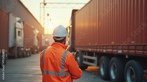 logistics worker in orange high-visibility jacket supervising truck loading at warehouse, industrial area, late afternoon sunlight, professional photo style