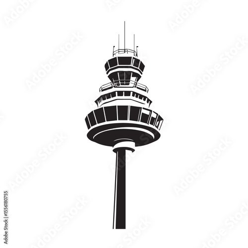 Striking black and white silhouette of a modern air traffic control tower with multiple levels and antennas against a clean white background