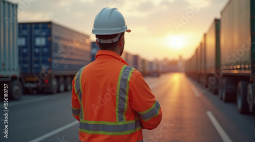 logistics worker in orange high-visibility jacket supervising truck loading at warehouse, industrial area, late afternoon sunlight, professional photo style