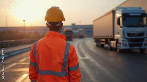 logistics worker in orange high-visibility jacket supervising truck loading at warehouse, industrial area, late afternoon sunlight, professional photo style