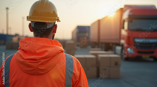 logistics worker in orange high-visibility jacket supervising truck loading at warehouse, industrial area, late afternoon sunlight, professional photo style