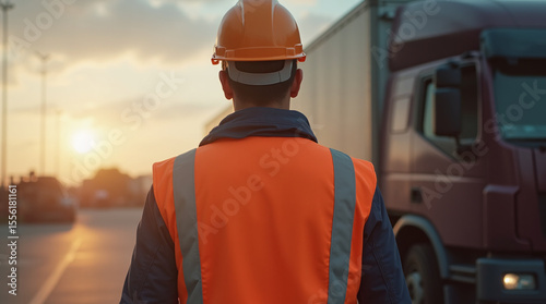 logistics worker in orange high-visibility jacket supervising truck loading at warehouse, industrial area, late afternoon sunlight, professional photo style