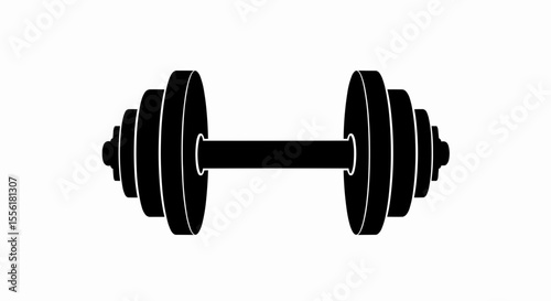This high-quality vector graphic features a minimalist black dumbbell silhouette with a connecting bar and four stepped weight plates on each end, emphasizing fitness and clean design.