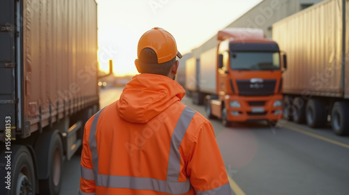 logistics worker in orange high-visibility jacket supervising truck loading at warehouse, industrial area, late afternoon sunlight, professional photo style