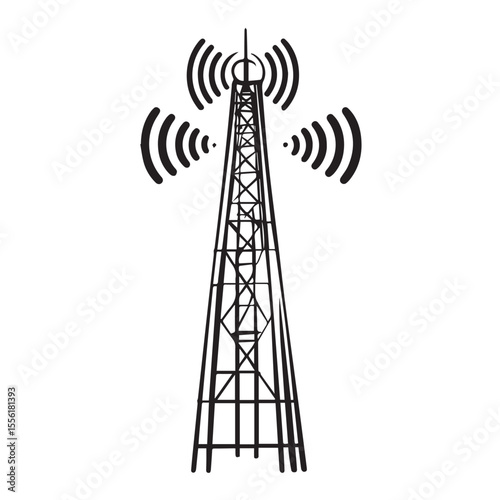 Black silhouette of a radio tower broadcasting signals with concentric waves emanating outwards against a white background