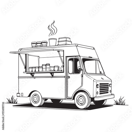 Stylized black and white illustration of a steaming coffee food truck with cups displayed on the serving counter