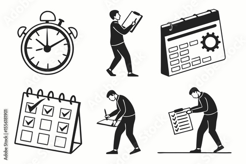 date management icon set sihouette black vector bundle