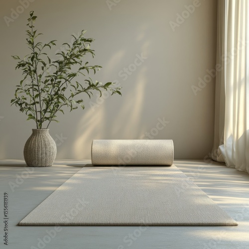 A tranquil yoga space with light neutral colors and nature