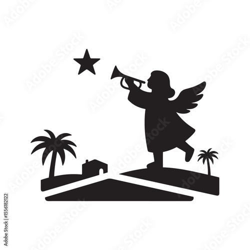 Angel Blowing Trumpet Over Bethlehem – Silhouette Vector with Star and Palm Trees in Black and White