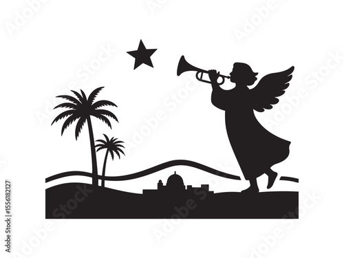 Angel Blowing Trumpet Over Bethlehem – Silhouette Vector with Star and Palm Trees in Black and White