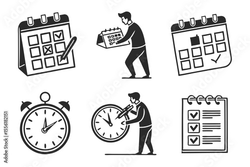 date management icon set sihouette black vector bundle