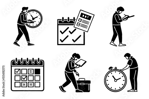 date management icon set sihouette black vector bundle