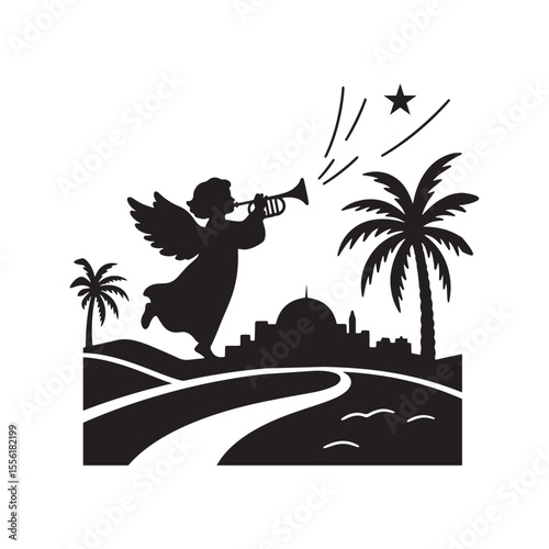 Angel Blowing Trumpet Over Bethlehem – Silhouette Vector with Star and Palm Trees in Black and White