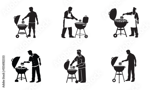 BBQ Grill with Man Flipping Burgers – July 4th Cookout Silhouette Vector in Black and White