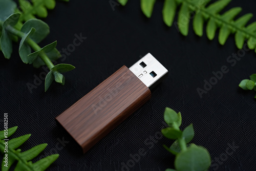 Wooden USB Drive Surrounded by Greenery on a Dark Textured Surface