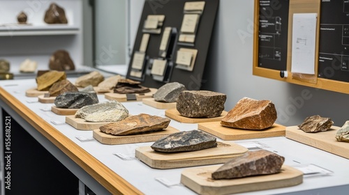 Geological specimens displayed on wooden trays