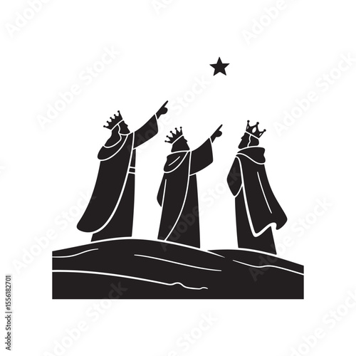 Three Kings Pointing at Star – Christian Journey of Faith Silhouette Vector in Black and White