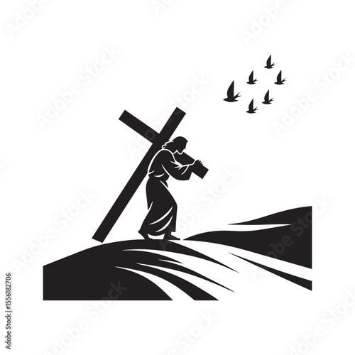 Jesus Carrying Cross on Calvary Hill – Silhouette Vector in Black and White 