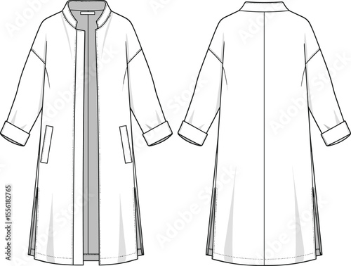 Long coat technical flat sketch, front and back view, open front, cuffed sleeve, vector template, fashion outerwear design