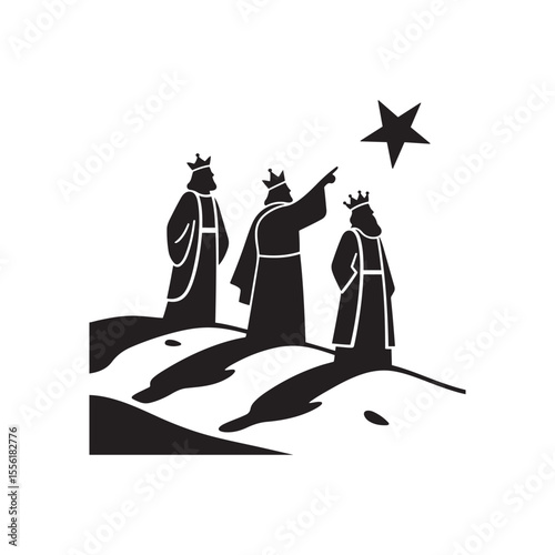Three Kings Pointing at Star – Christian Journey of Faith Silhouette Vector in Black and White