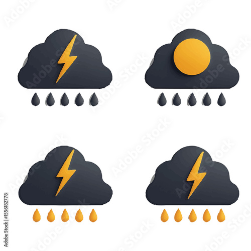 Four stylized weather icons depicting stormy clouds with yellow lightning bolts and falling raindrops on a white background