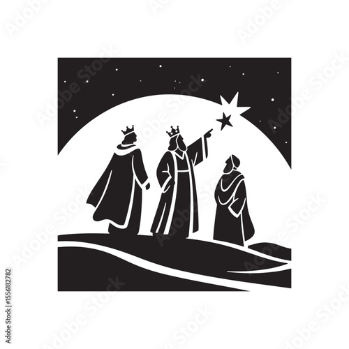 Three Kings Pointing at Star – Christian Journey of Faith Silhouette Vector in Black and White