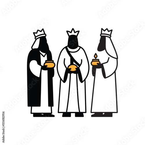 Three Wise Men Holding Gifts – Christian Silhouette Vector in Black and White Minimal Style

