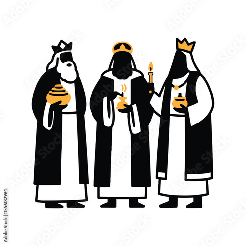Three Wise Men Holding Gifts – Christian Silhouette Vector in Black and White Minimal Style

