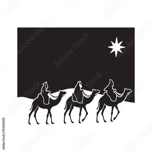 Three Wise Men on Camels Following Star – Silhouette Vector in Black and White Minimal Style

