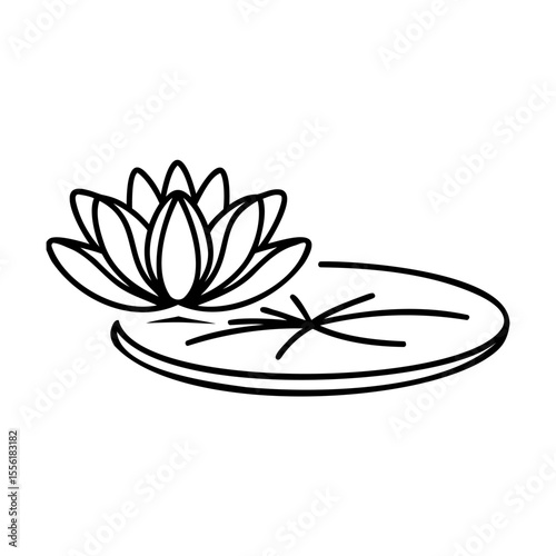 Elegant black and white illustration of a blooming lotus flower on a lily pad