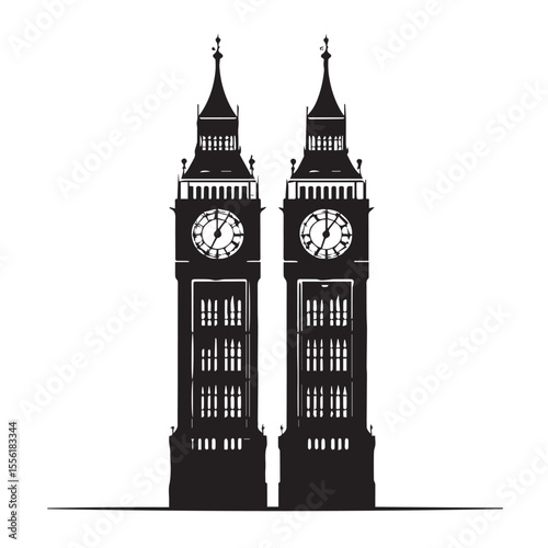 Iconic black silhouette of big ben and parliament clock tower against a stark white background in london england