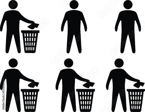 Trash disposal icon set showing figures with bins in various throwing positions