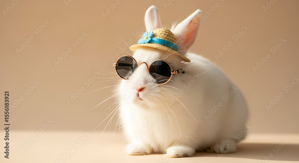 Fototapeta premium Adorable White Bunny in Sunglasses and Hat Easter Bunny Fashion