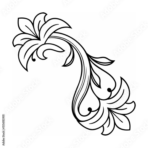 Elegant black and white floral ornament with detailed flourishes for design and decoration