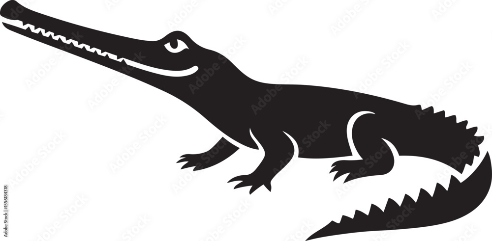 Naklejka premium Black gharial silhouette bold animal shape, Crocodilian minimal graphic illustration