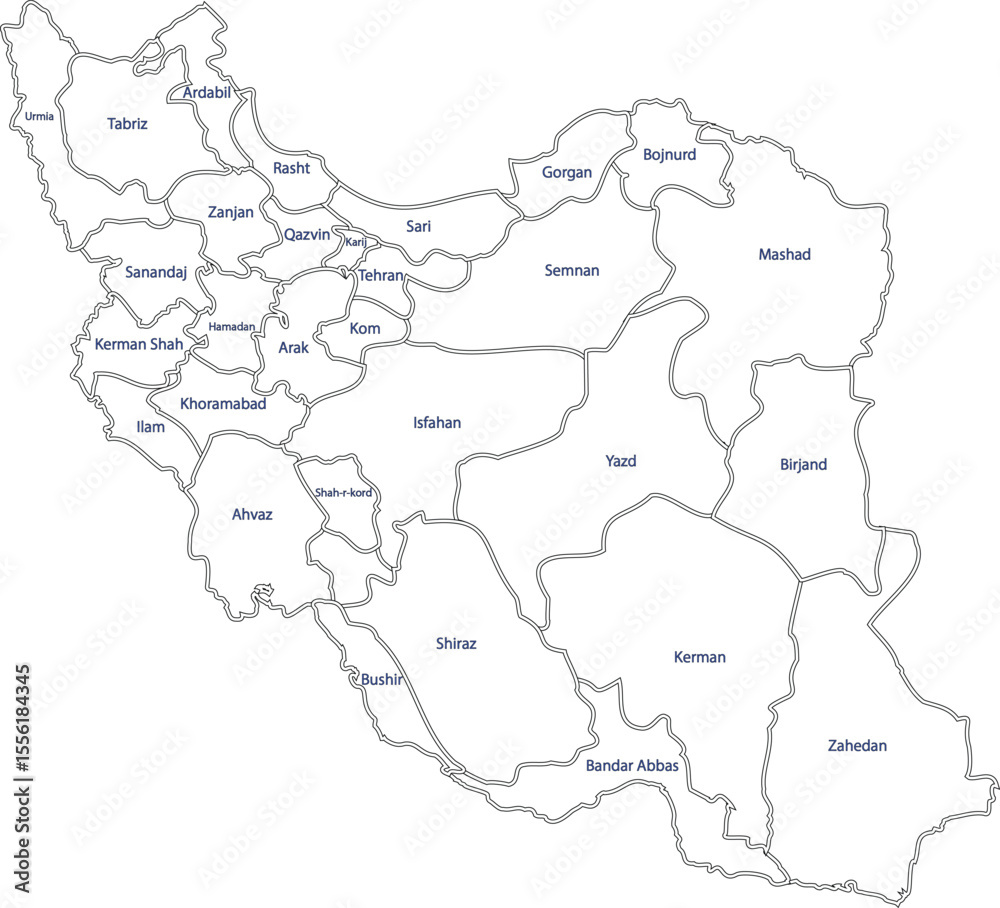 Fototapeta premium Labelled Outline Map of Iran with Provincial Borders