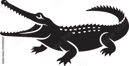 Crocodile gharial silhouette strong black lines, Reptile sketch in simple vector style