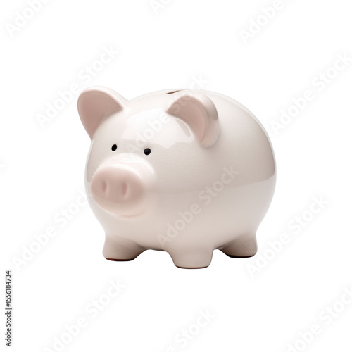 Cute ceramic piggy bank in a glossy white finish with soft pink accents for saving money and financial planning Transparent background or png