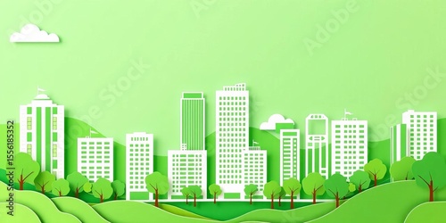 Modern green city buildings paper cut style vector illustration,  modern,  graphic